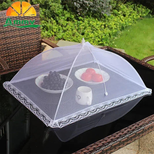 Pop-Up Net Screen Protector with Elegant Lace Edge for Outdoor Picnics, BBQs, Parties, & Kitchen Tables