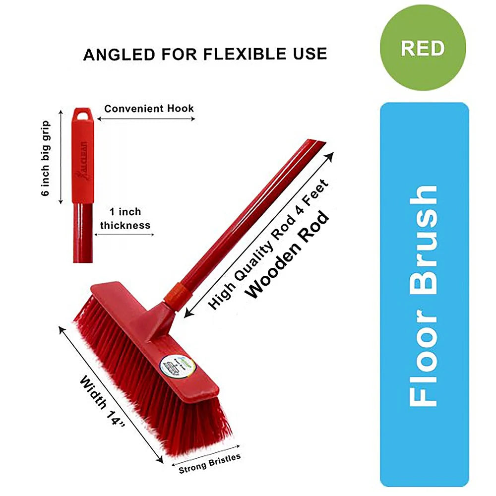 Metal Floor Brush Set (Red) | Heavy Duty Floor Scrub Brush with Metal Handle