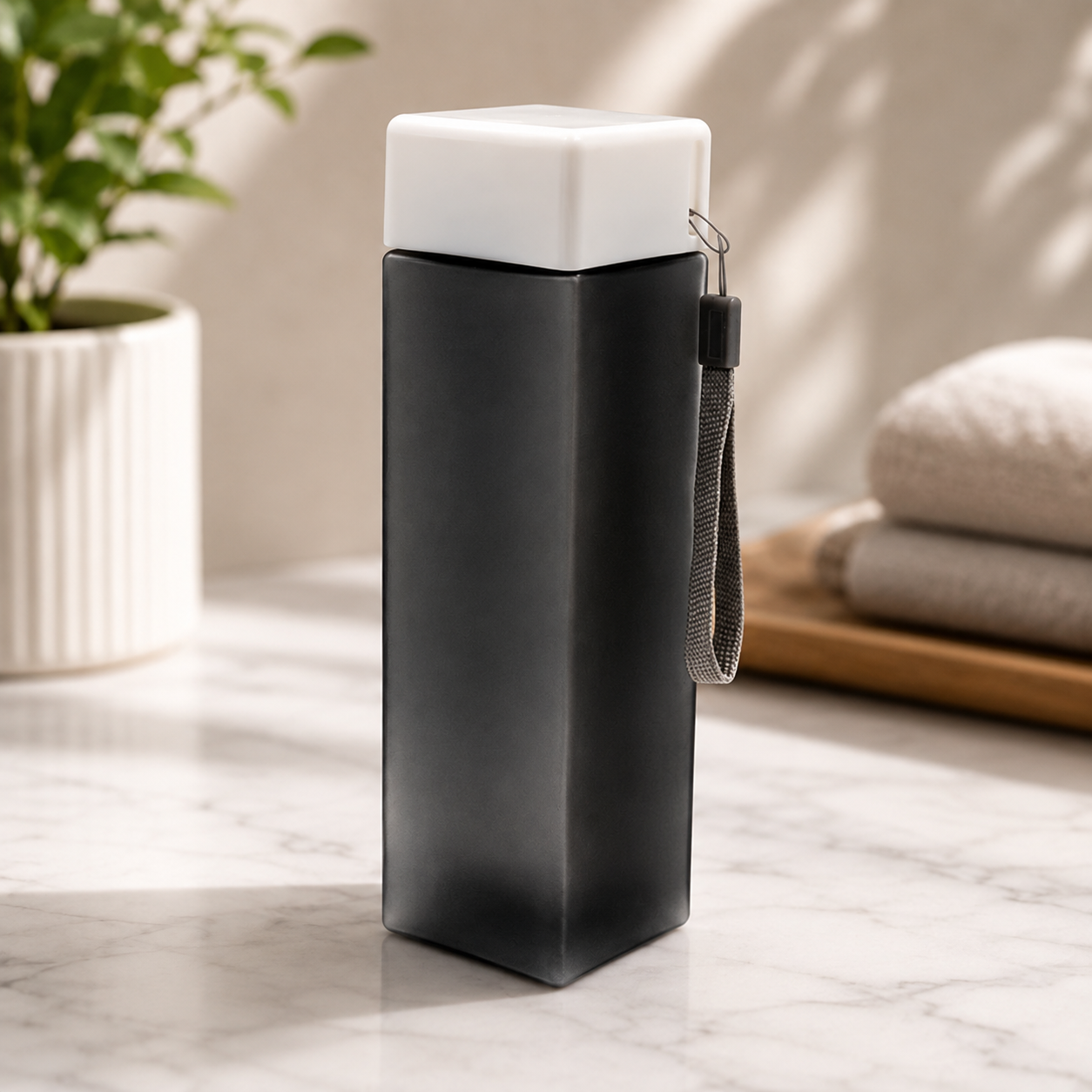 Square Water Bottle with Carrying Strap