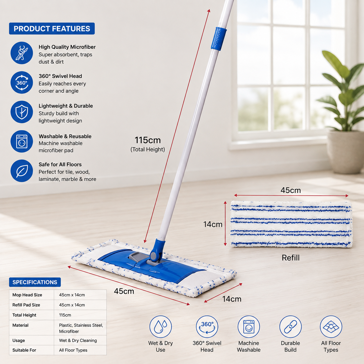 Flat Microfiber Mop set 45cm