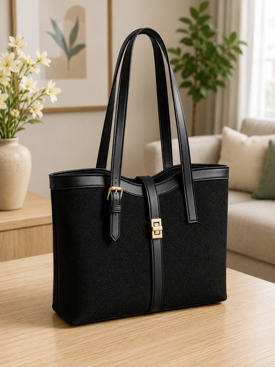 Black Canvas & Leather Tote Bag with Gold Buckle Lock