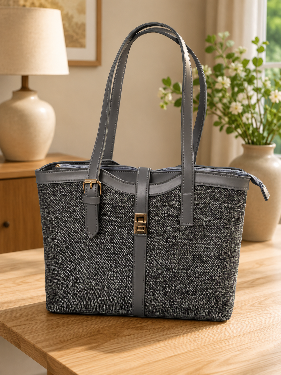 Grey Tweed & Leather Tote Bag with Gold Buckle Lock
