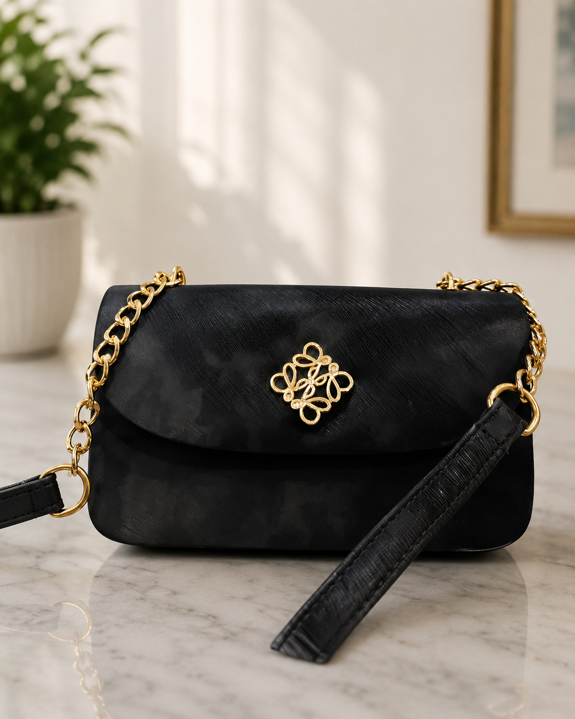 Textured Black Crossbody Bag with Gold Chain Strap
