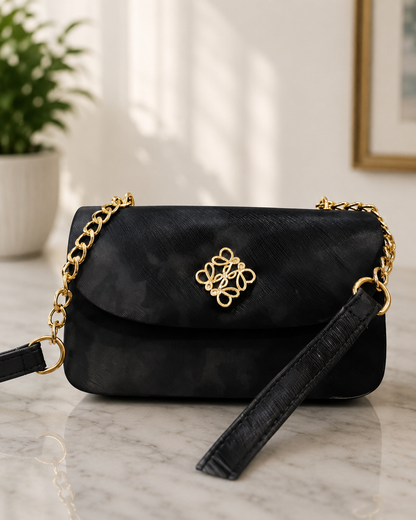 Textured Black Crossbody Bag with Gold Chain Strap