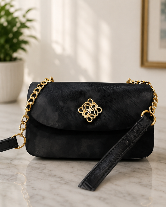 Textured Black Crossbody Bag with Gold Chain Strap