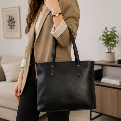Classic Black Leather Tote Bag for Women