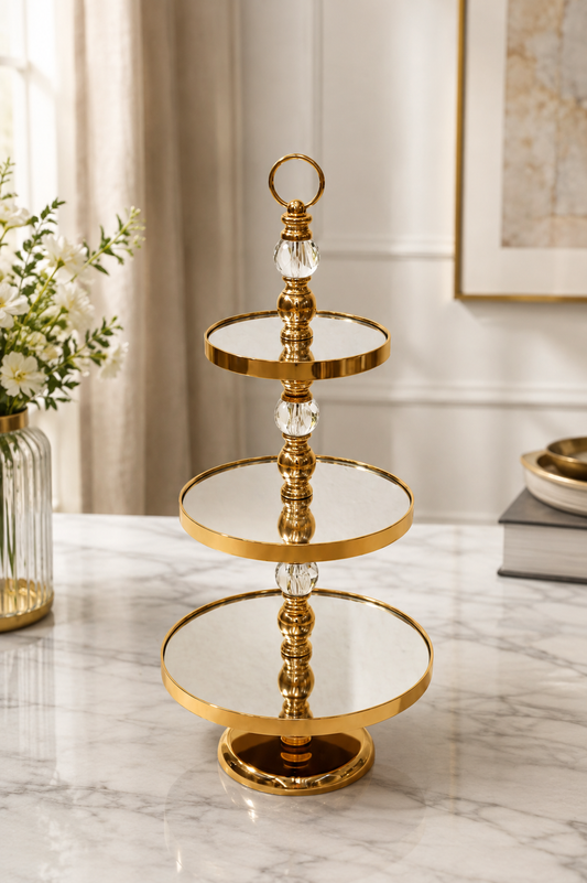Luxury 3-Tier Gold Mirrored Serving Stand with Crystal Accent