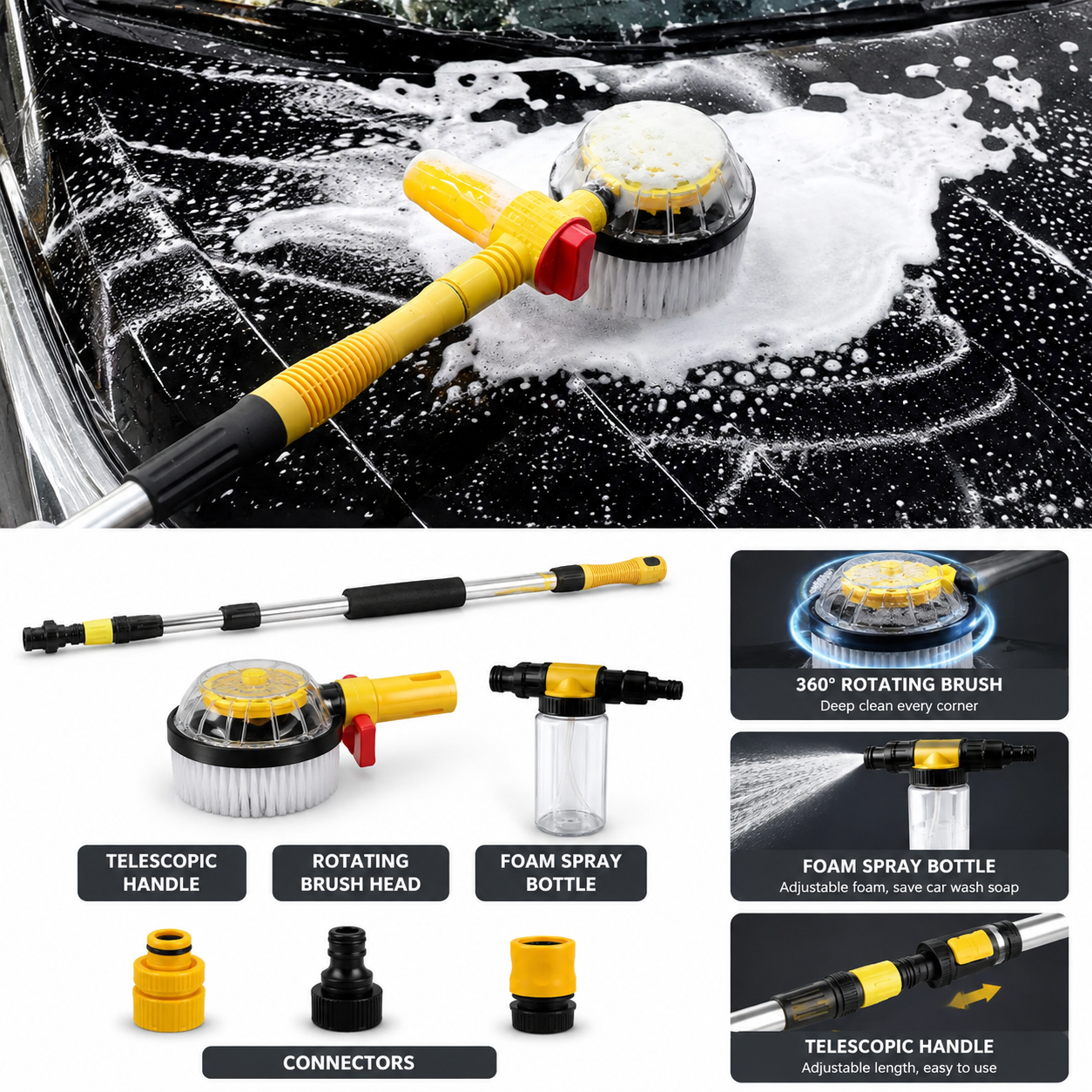 Automatic Rotating Car Wash Brush 360° Spinning Retractable Long Handle Foam Mop