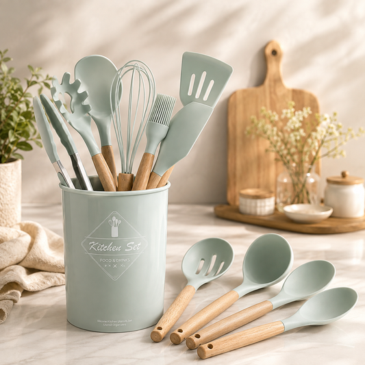 12 Piece Silicone Kitchen Utensil Set with Wooden Handles