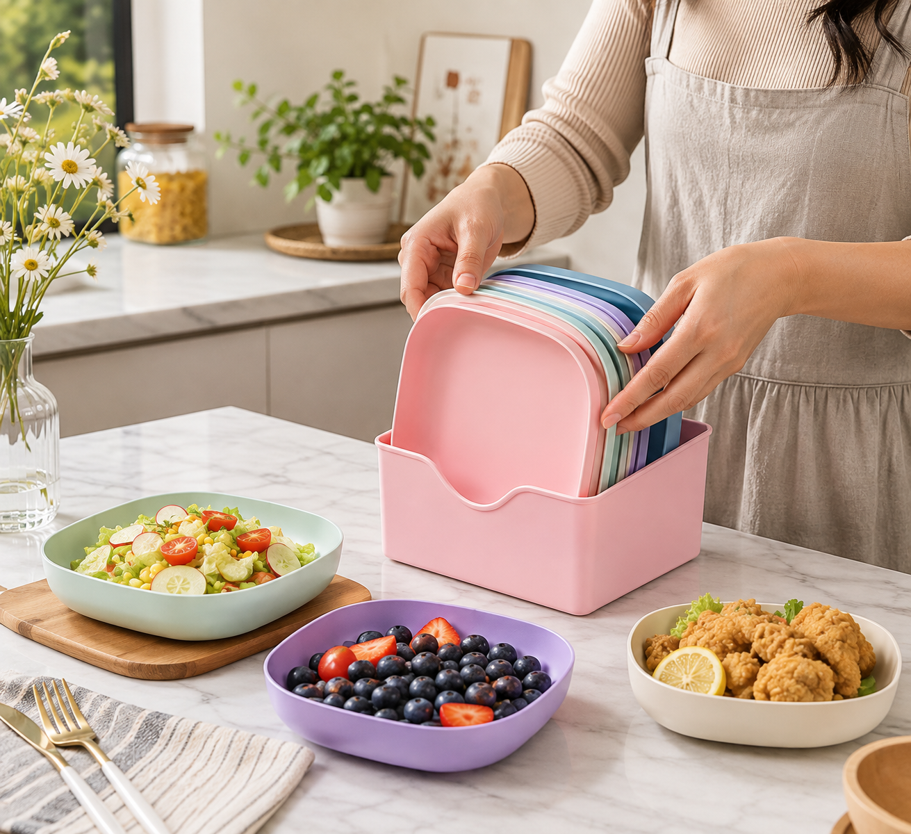10 Piece Wheat Straw Plate Set with Storage Rack