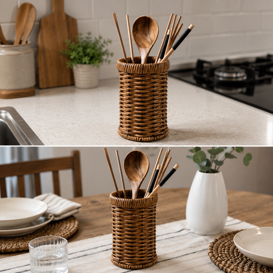 Handwoven Rattan Utensil Holder (Chopstick & Spoon Caddy)