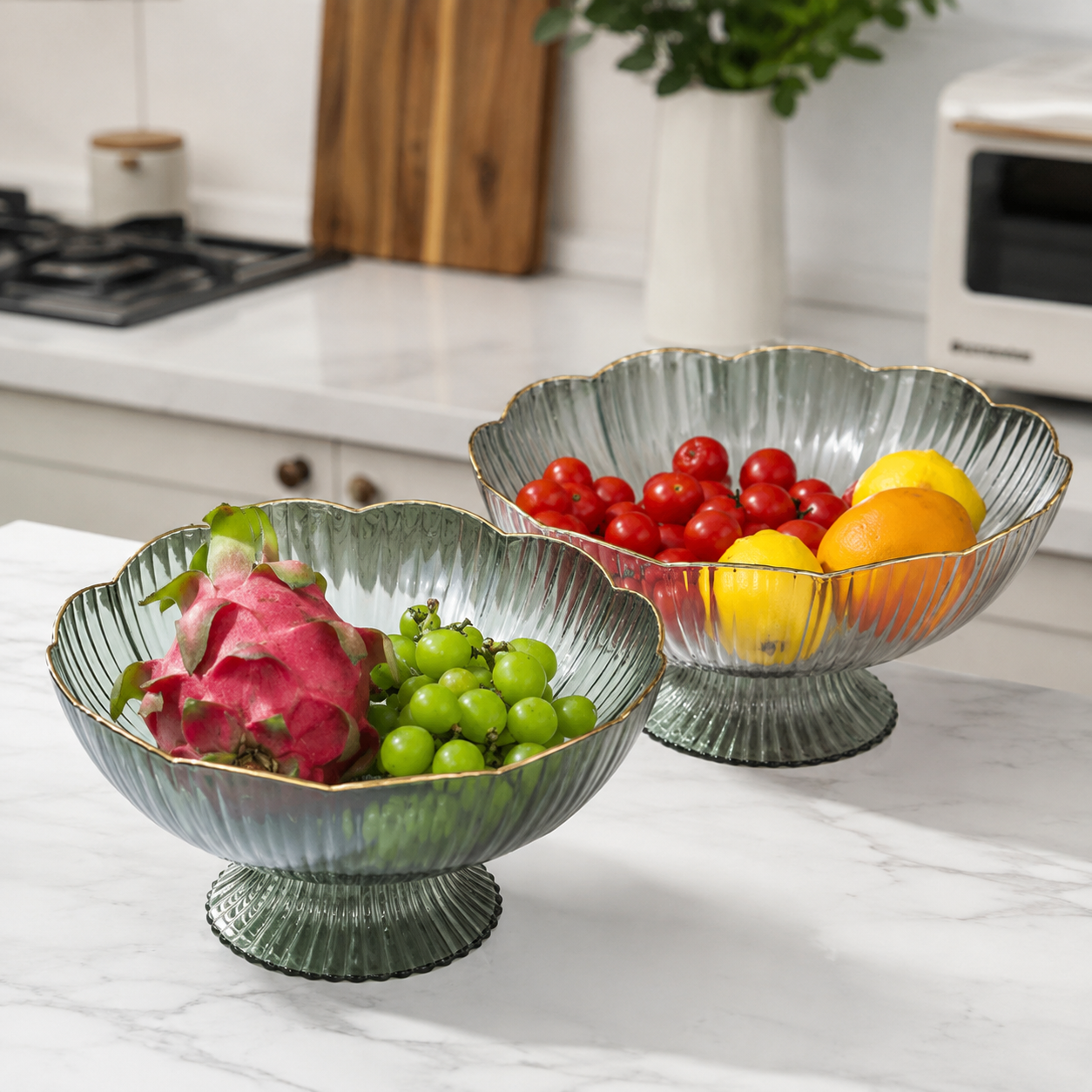 Ribbed Glass Pedestal Fruit Bowl with Gold Rim