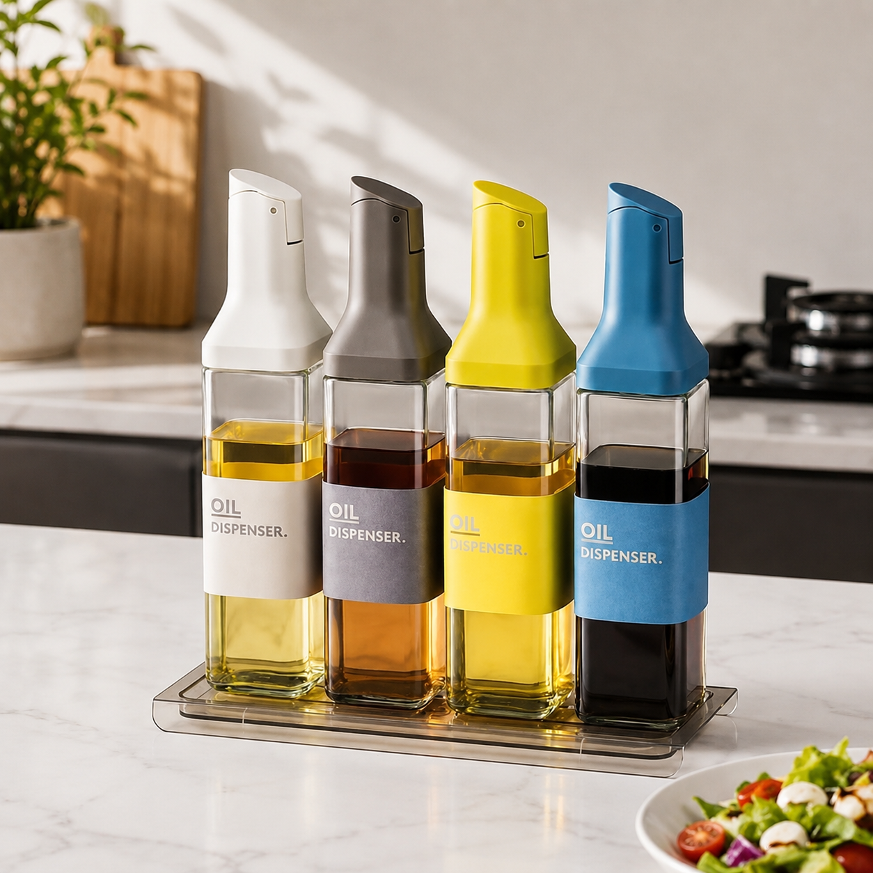 Multi Color Flip Top Oil & Sauce Dispenser Set with Tray