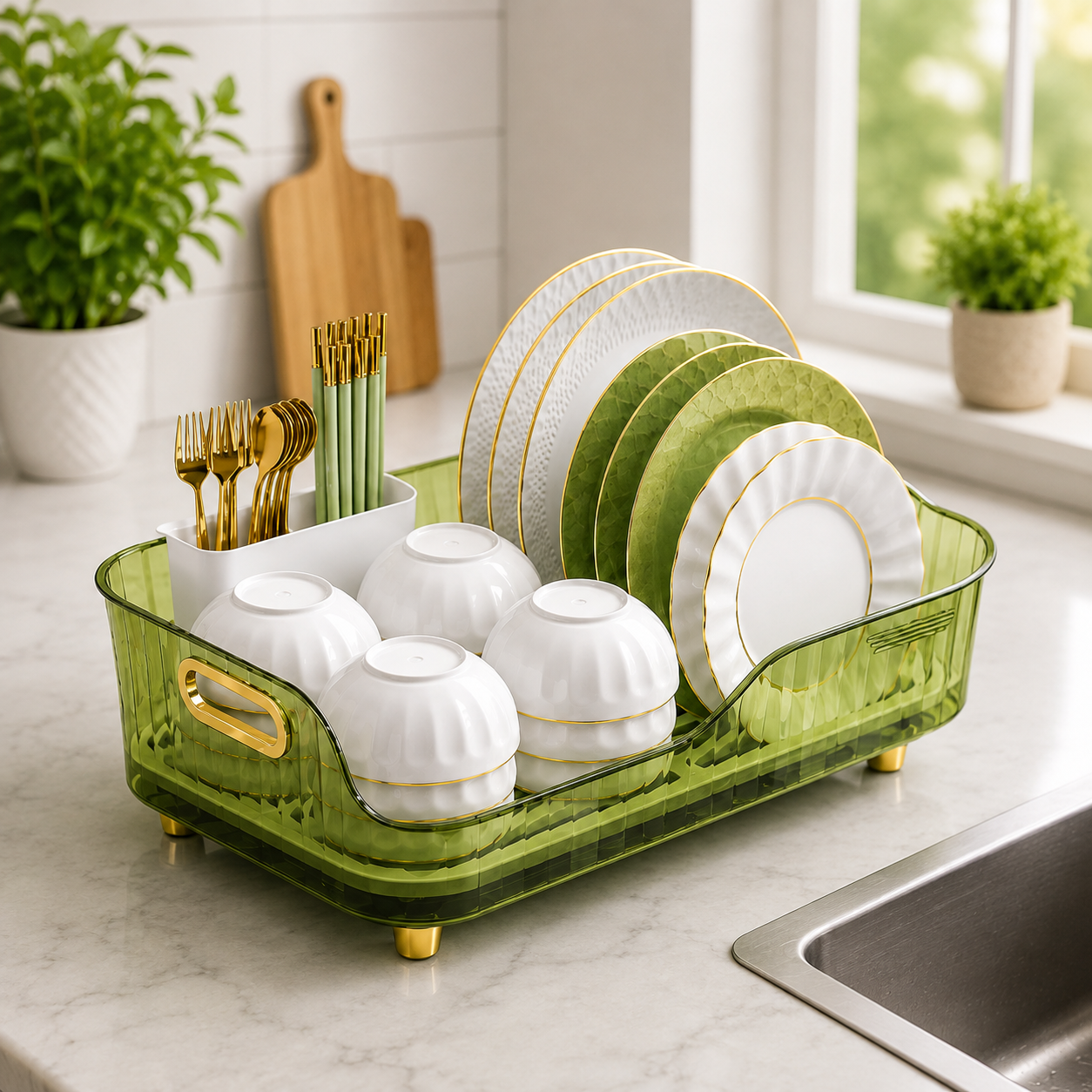 Auto Draining Dish Rack with Cutlery Holder