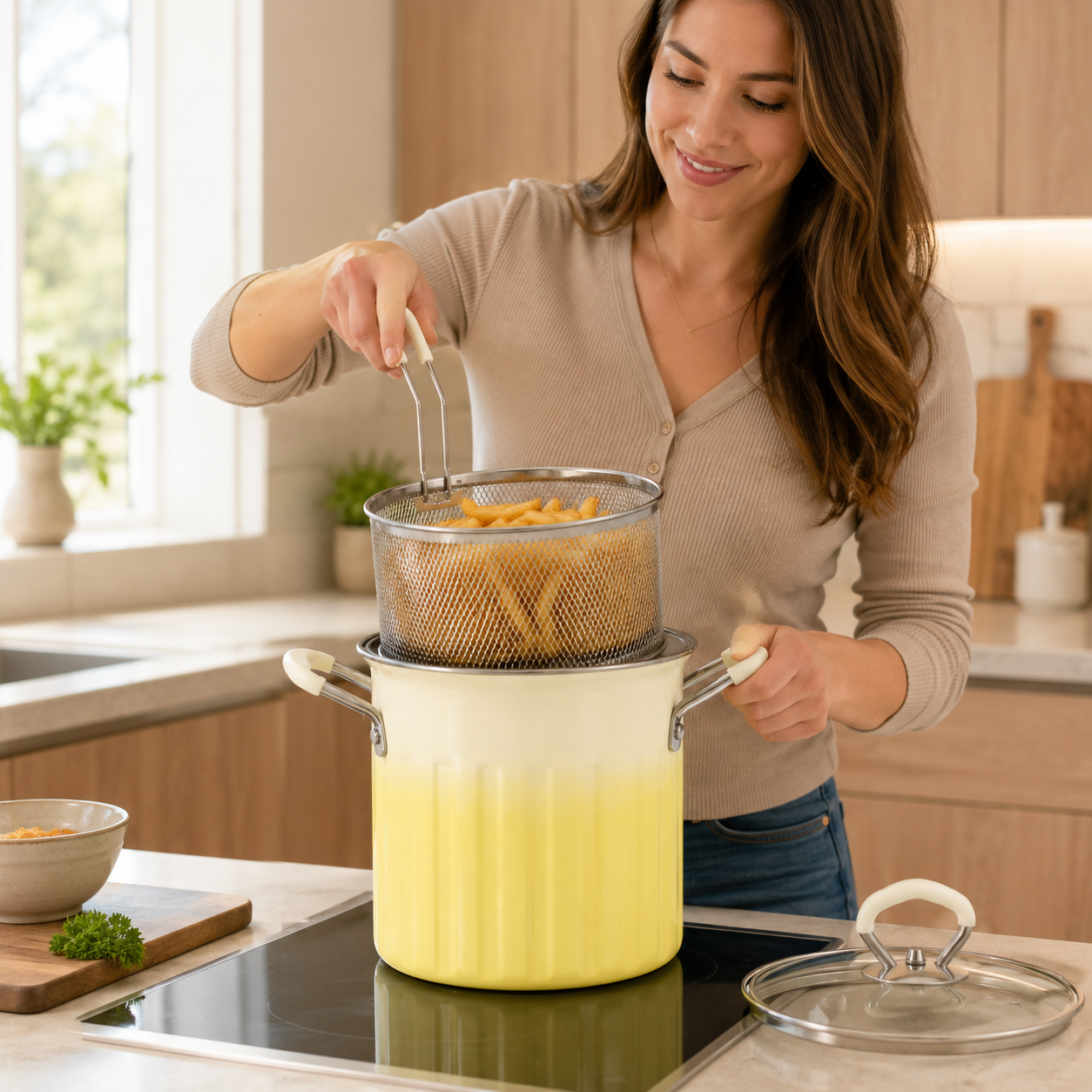 Stainless Steel Deep Fryer Pot with Basket & Glass Lid