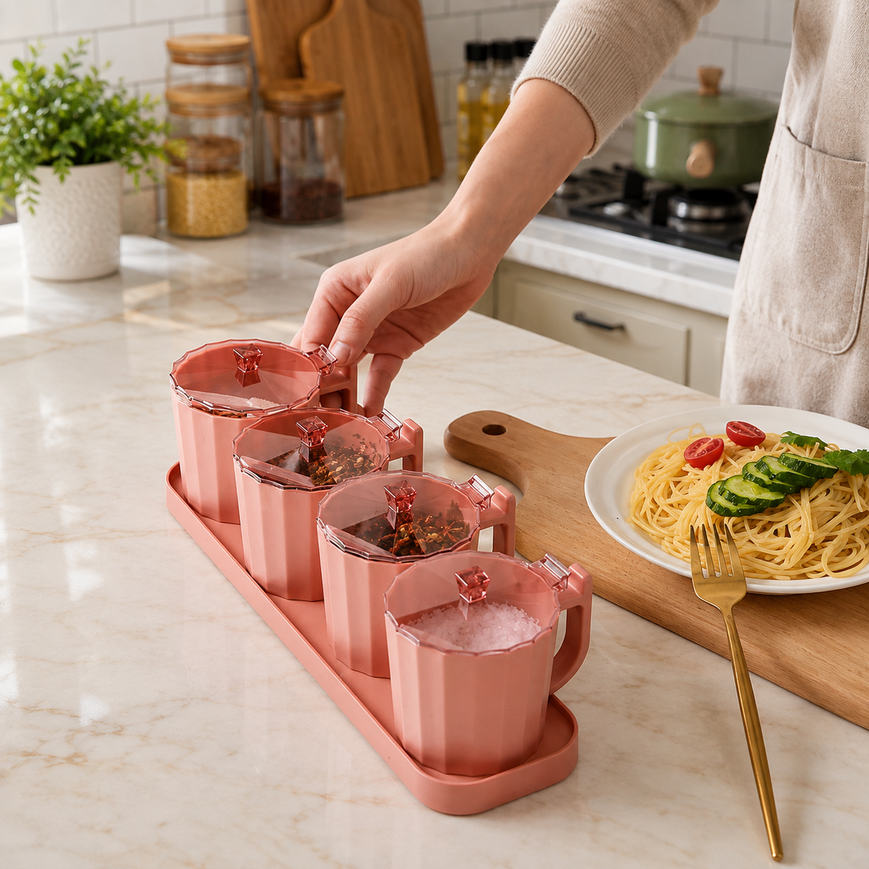 4 Piece Kitchen Spice Storage Containers with tray