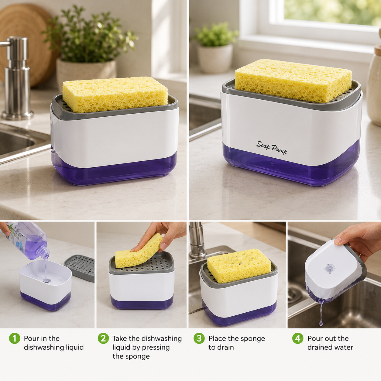 Compact Soap Pump Dispenser with Sponge Holder