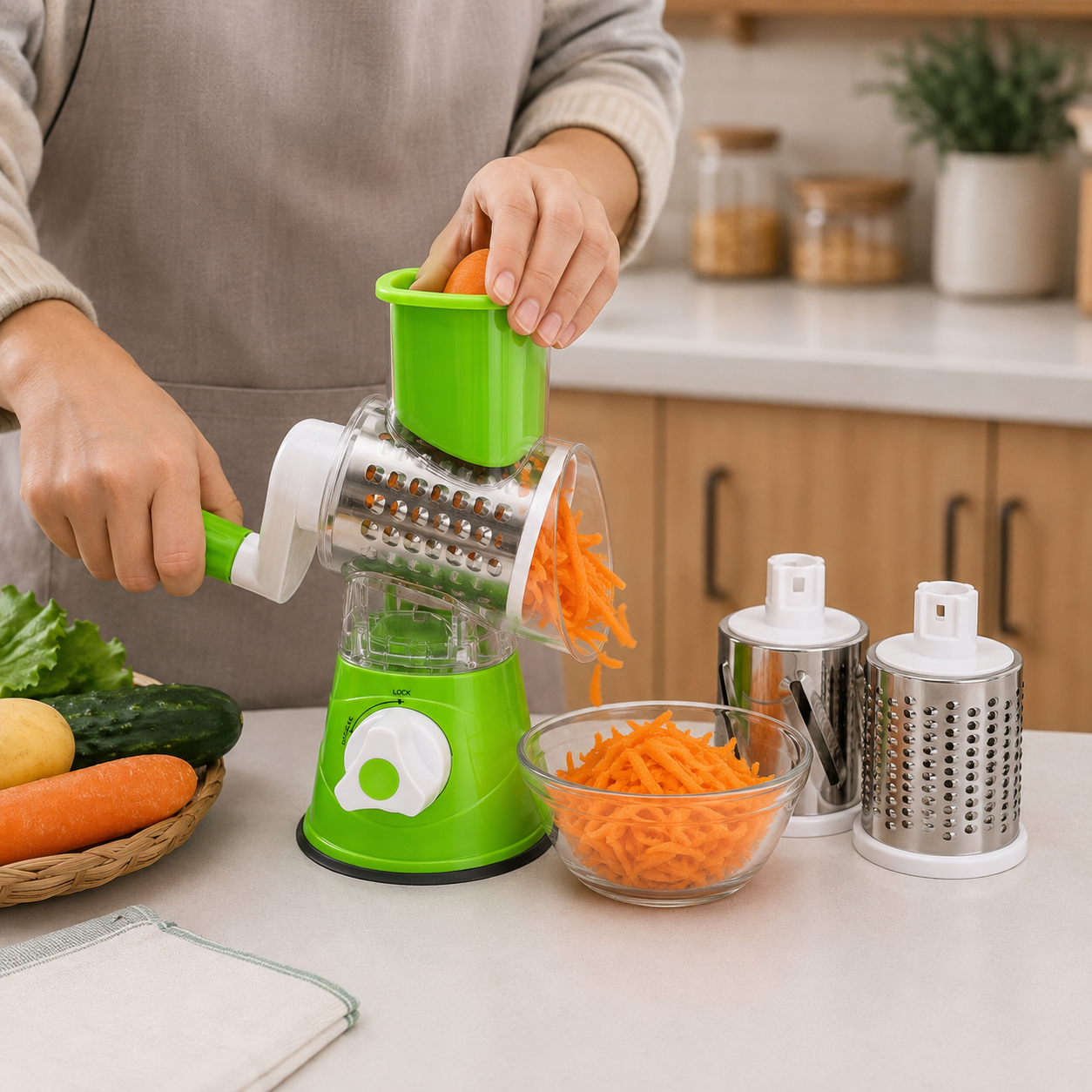 Manual Rotary Vegetable Slicer – 3-in-1 Cheese Grater & Vegetable Chopper