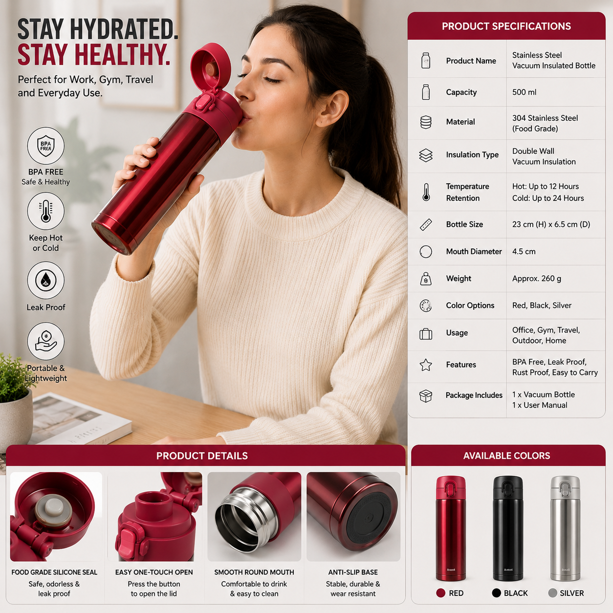 Leakproof Travel Thermos Flask, Hot & Cold 24 Hours