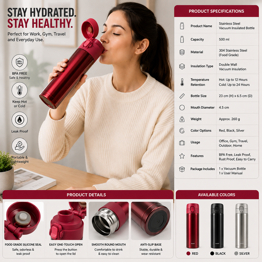 Leakproof Travel Thermos Flask, Hot & Cold 24 Hours
