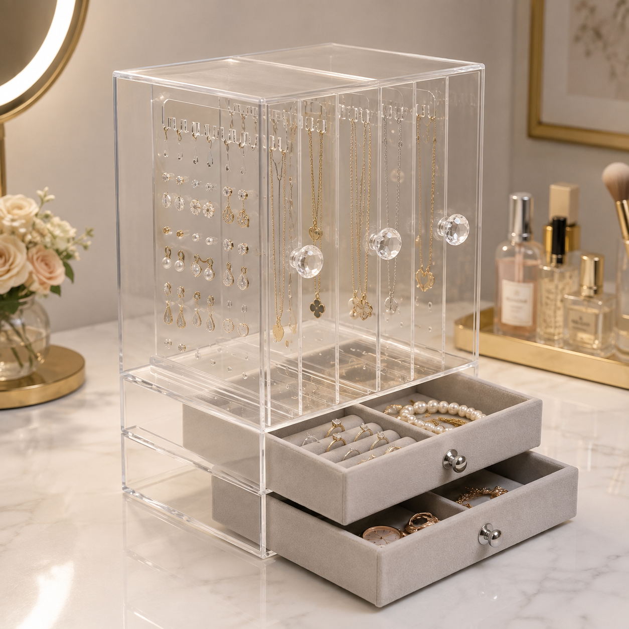 Clear Acrylic Jewelry Organizer Box with Drawers
