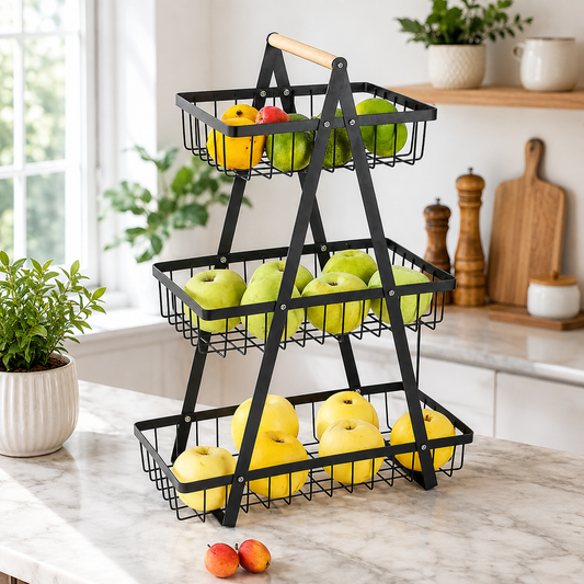 3-Tier Fruit Basket Stand with Wooden Handle
