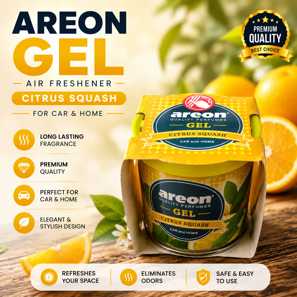 Areon Gel Air Freshener – Citrus Squash Scent for Car & Home