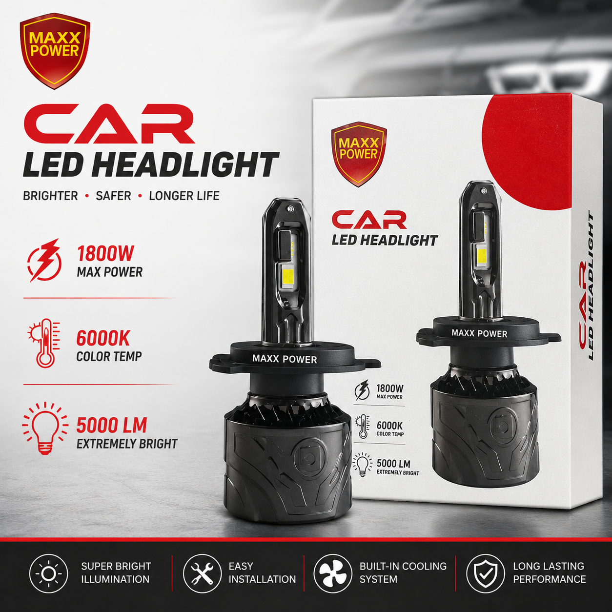 Maxx Power Car LED Headlight – 1800W, 6000K, 5000LM Extremely Bright Bulb