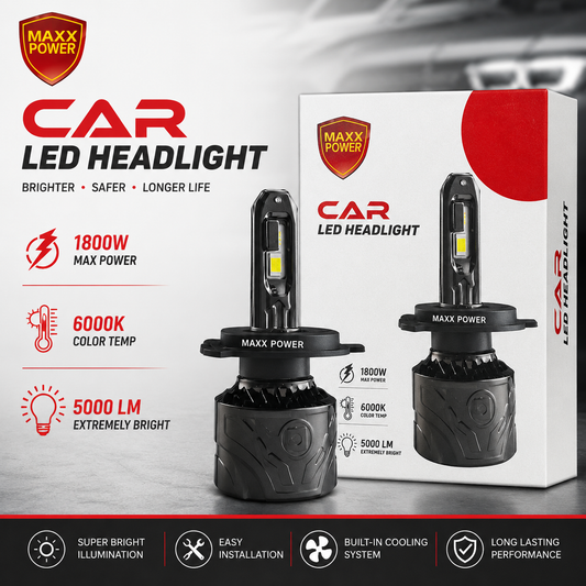 Maxx Power Car LED Headlight – 1800W, 6000K, 5000LM Extremely Bright Bulb
