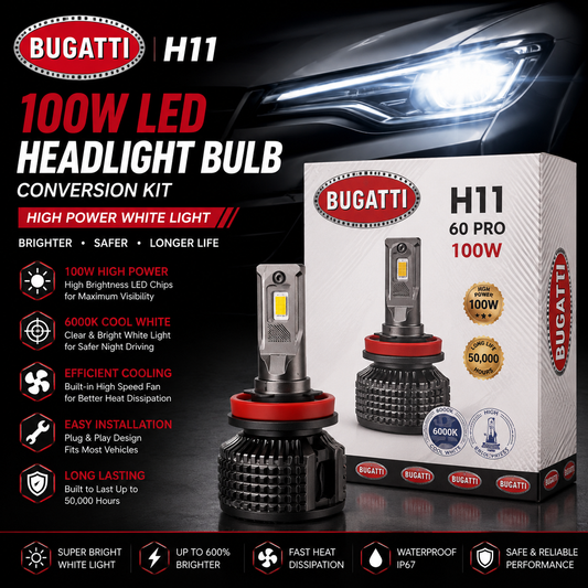 Bugatti H11 100W LED Headlight Bulb Conversion Kit – High Power White Light