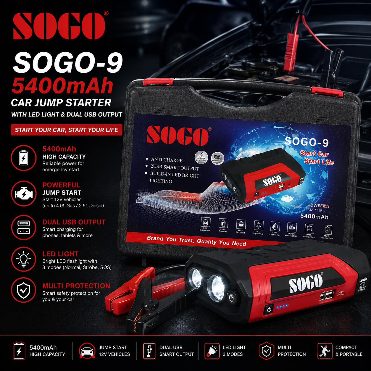 SOGO-9 5400mAh Car Jump Starter with LED Light & Dual USB Output
