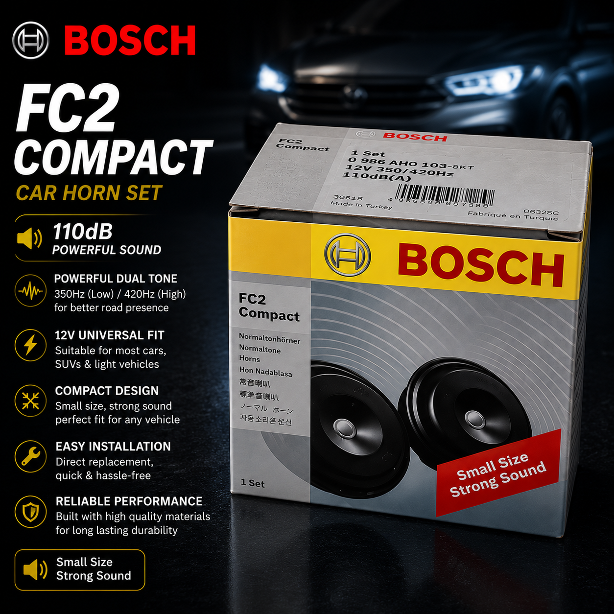Bosch FC2 Compact Car Horn Set 12V 350/420Hz 110dB