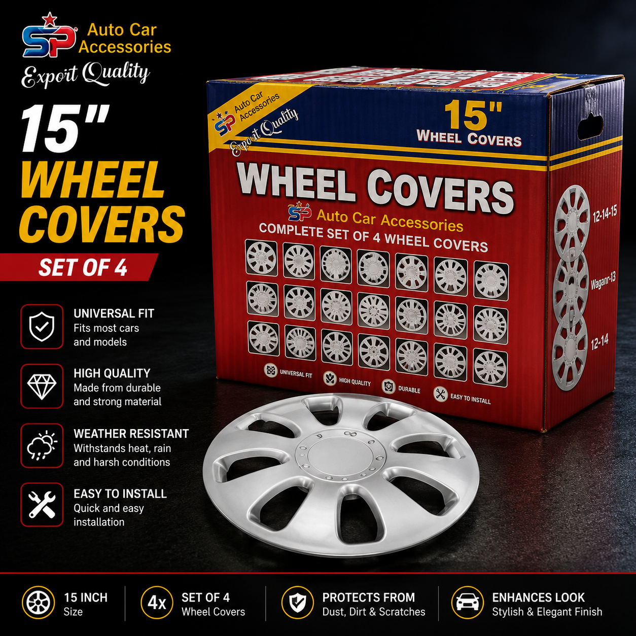 SP 15 Inch Wheel Covers Set of 4 | Universal Car Hub Caps