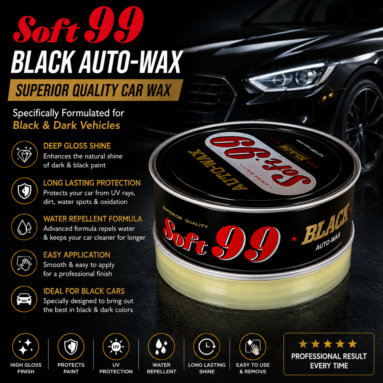 Soft 99 Black Auto-Wax – Superior Quality Car Wax for Dark & Black Vehicles