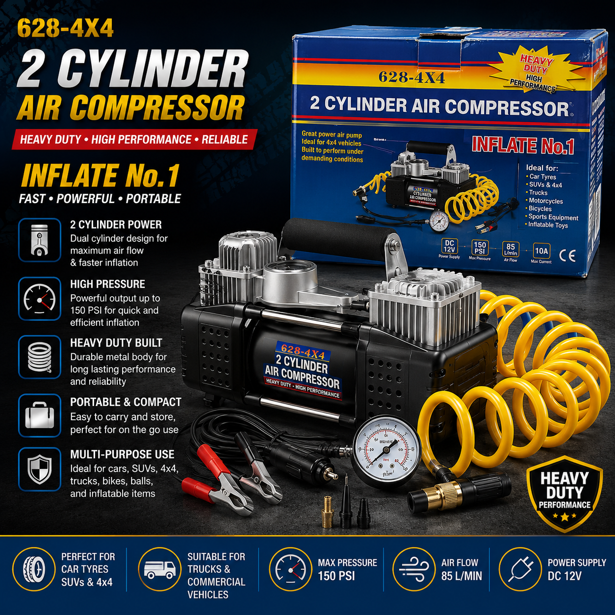 628-4X4 Heavy Duty 2 Cylinder Air Compressor – Portable Tyre Inflator for Cars, SUVs, 4x4 & Trucks