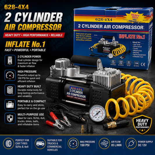 628-4X4 Heavy Duty 2 Cylinder Air Compressor – Portable Tyre Inflator for Cars, SUVs, 4x4 & Trucks