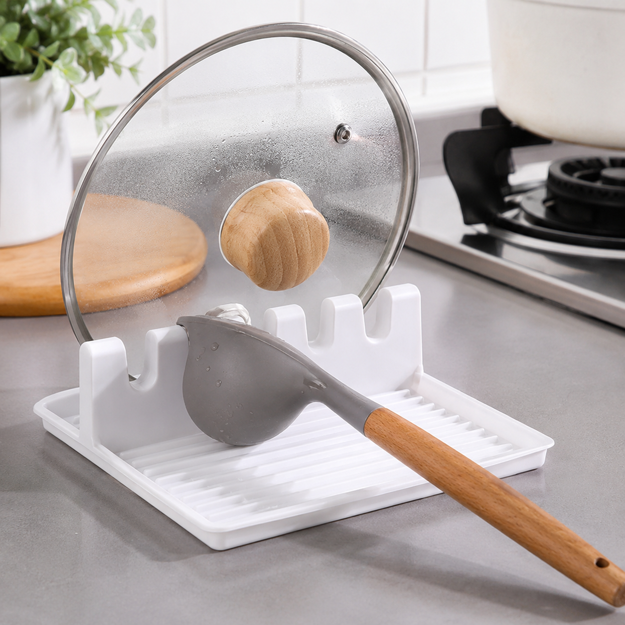 Multifunctional Spoon Rest & Pot Lid Holder with Drip Tray