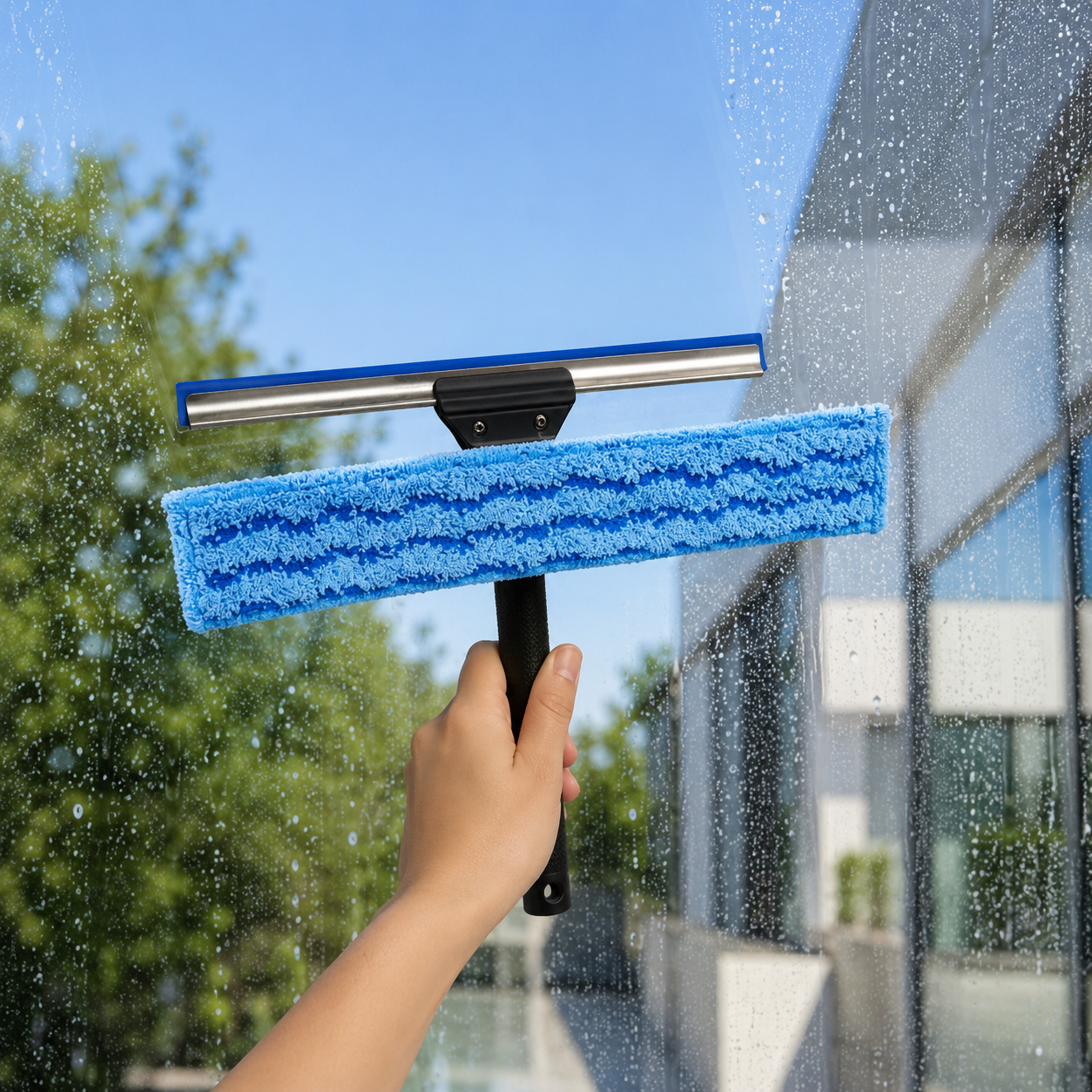 Multi Function Glass Cleaning Tool with Microfiber Scrubber Pad and Rubber Squeegee Blade