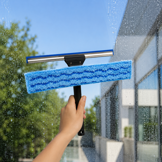 Multi Function Glass Cleaning Tool with Microfiber Scrubber Pad and Rubber Squeegee Blade