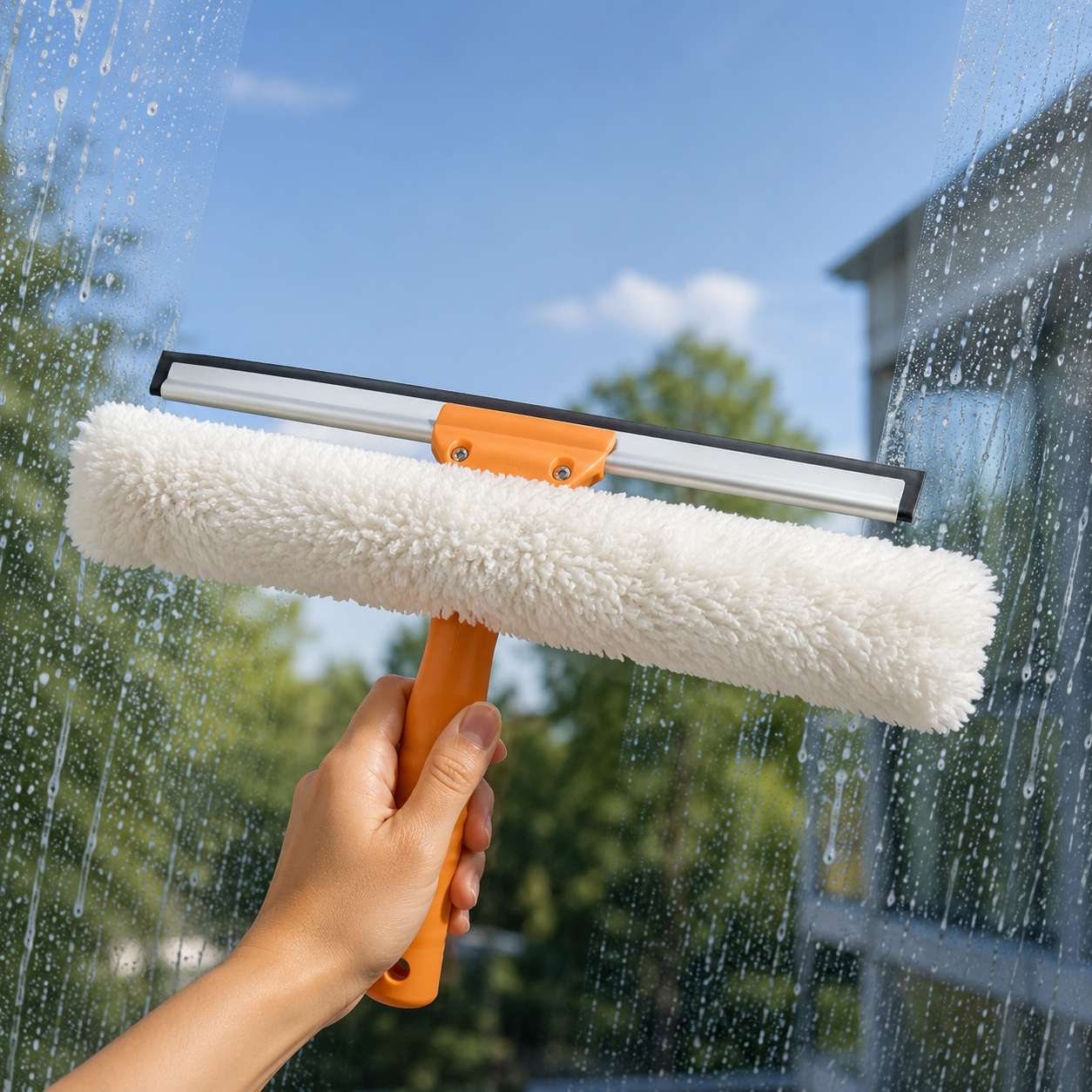 45cm Multi-Function Glass Cleaning Tool with Microfiber Sleeve and Rubber Squeegee Blade for Windows & Shower Doors