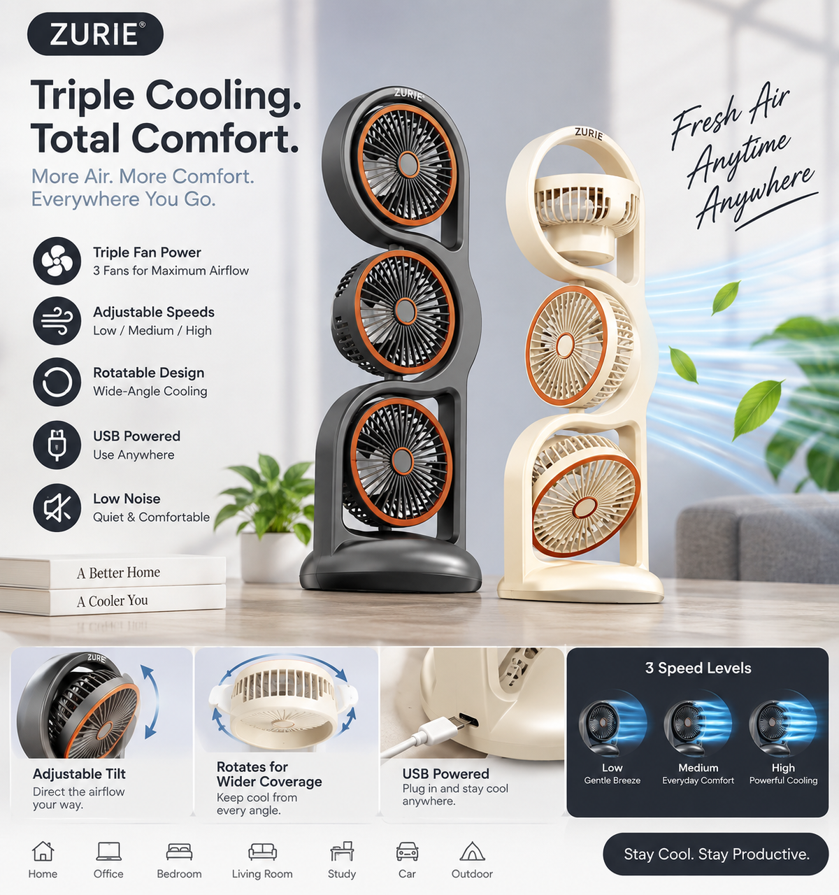 3-in-1 Portable Rechargeable Fan with Multi-Angle Rotating Heads,