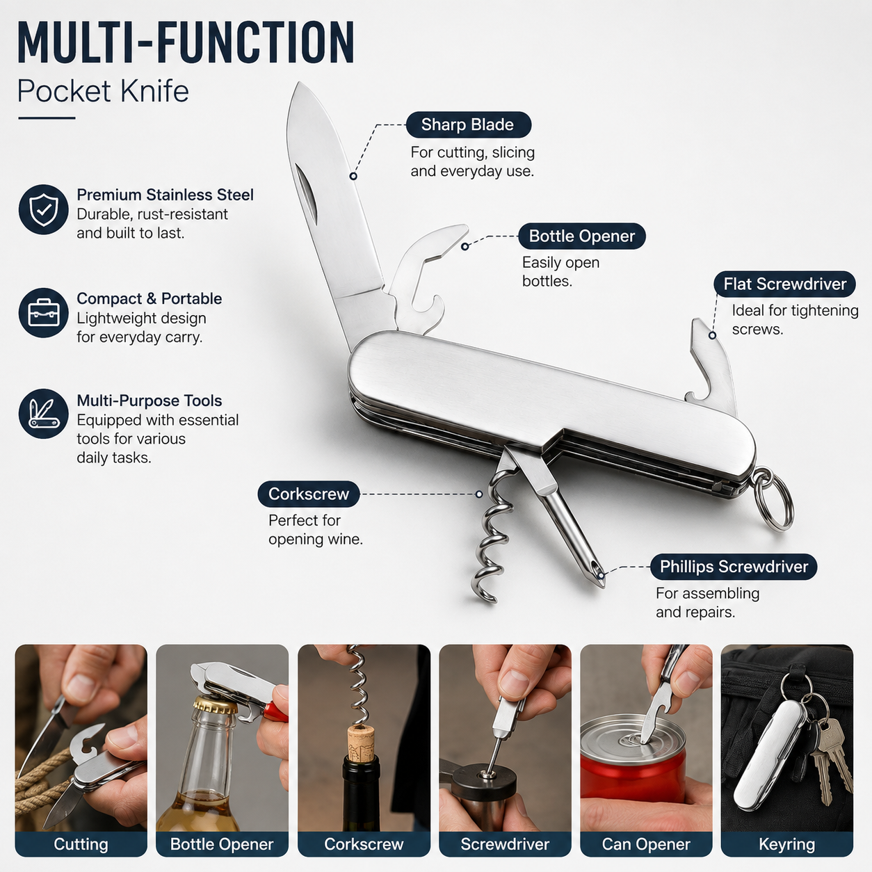 Folding Swiss Style Utility Knife with Corkscrew,