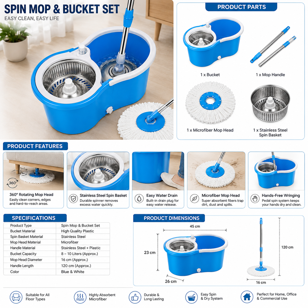 360° Spin Mop & Bucket Set with Stainless Steel Wringer
