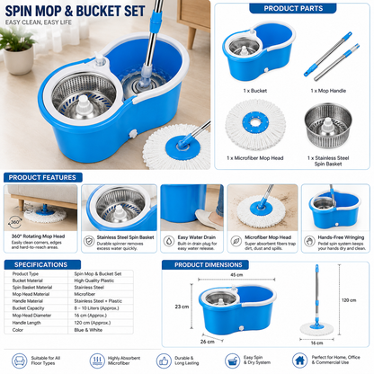 360° Spin Mop & Bucket Set with Stainless Steel Wringer