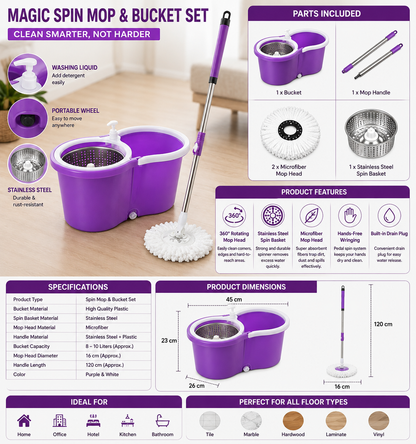 360° Magic Spin Mop & Bucket Set with Stainless Steel Wringer with washing liquid