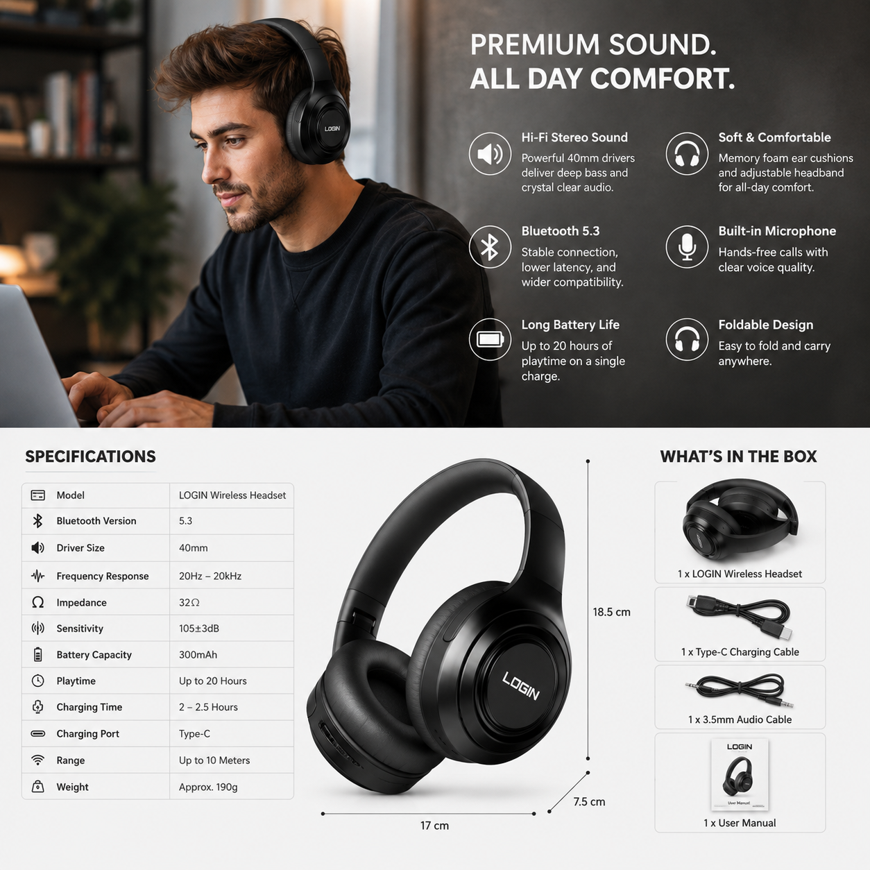 LOGIN L-292 Velora Pro Wireless Bluetooth Headphones