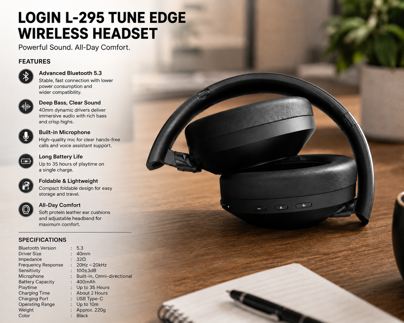LOGIN L-295 Tune Edge Wireless Bluetooth Headphones