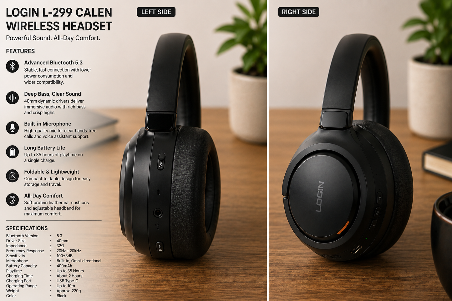 LOGIN L-299 Calen Wireless Bluetooth Headphones with ANC