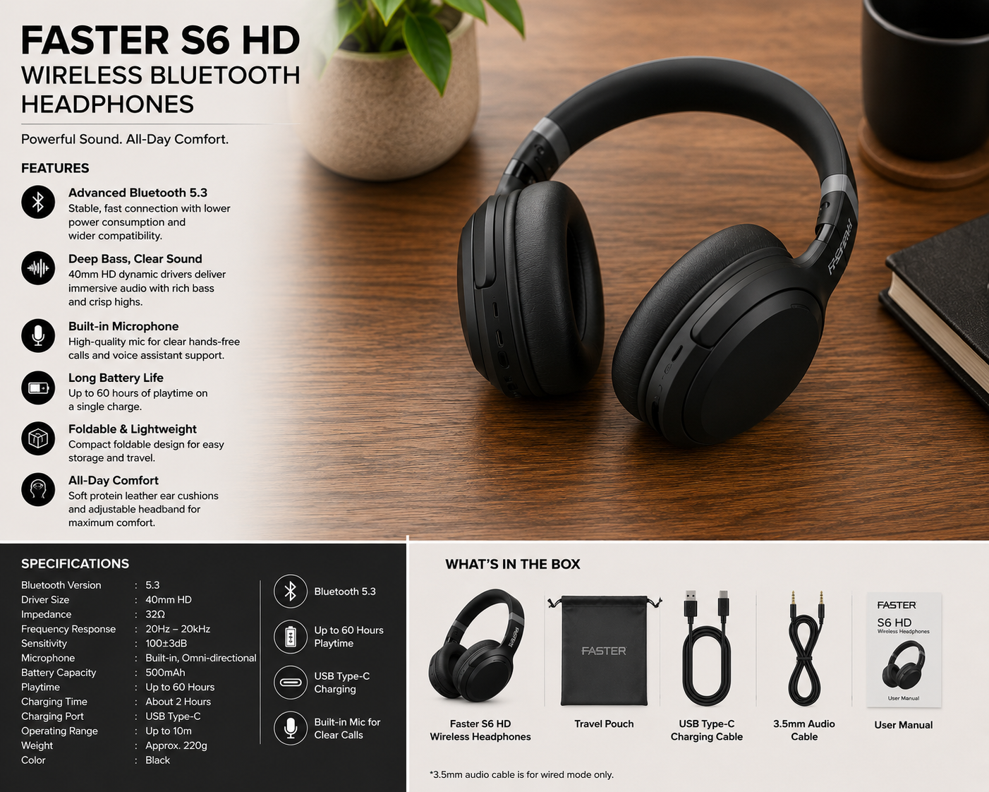 Faster S6 HD Wireless Bluetooth Headphones