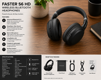 Faster S6 HD Wireless Bluetooth Headphones